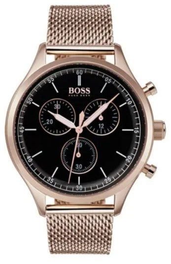 Hugo Boss Companion Quartz Black Dial Rose Gold Mesh Bracelet Watch For Men - HB1513548 Authentic Buy Shop Now