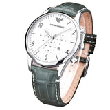 Emporio Armani Classic Chronograph Silver Dial Grey Leather Strap Watch For Men - AR1861 Authentic Buy Shop Now