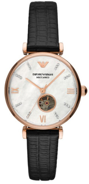 Emporio Armani Gianni T Bar Mother of Pearl White Dial Black Leather Strap Watch For Women - AR60047 Authentic Buy Shop Now