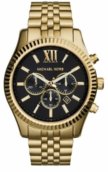 Michael Kors Lexington Chronograph Black Dial Gold Steel Strap Watch for Men - MK8286 Authentic Buy Shop Now