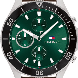 Tommy Hilfiger Larson Chronograph Green Dial Brown Leather Strap Watch For Men - 1791983 Authentic Buy Shop Now