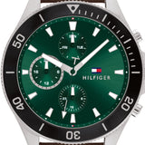 Tommy Hilfiger Larson Chronograph Green Dial Brown Leather Strap Watch For Men - 1791983 Authentic Buy Shop Now