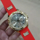 Guess Frontier Diamonds Gold Dial Red Rubber Strap Watch for Women - GW0045L2 Authentic Buy Shop Now