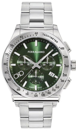 Salvatore Ferragamo 1927 Chrono Green Dial Silver Steel Strap Watch for Men - SFKZ00423 Authentic Buy Shop Now
