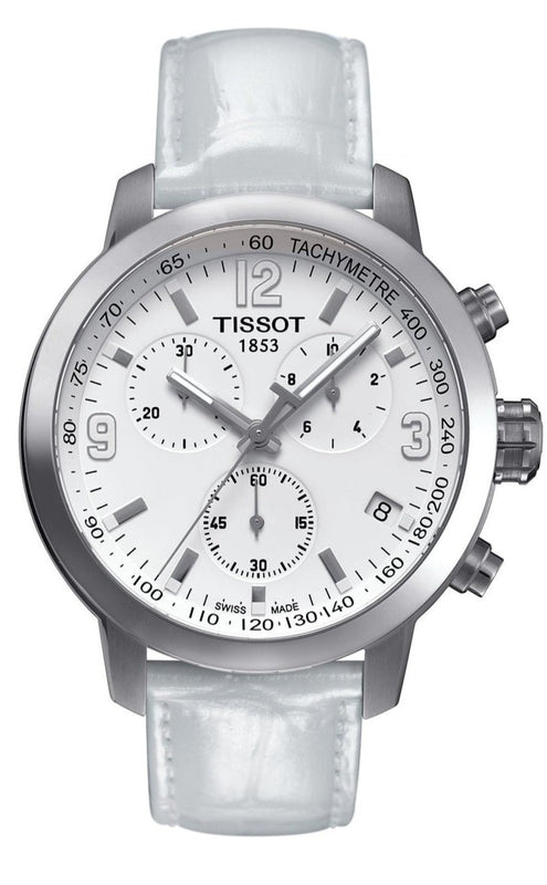 Tissot PRC 200 Chronograph White Dial White Leather Strap Watch For Men - T055.417.16.017.00 Authentic Buy Shop Now