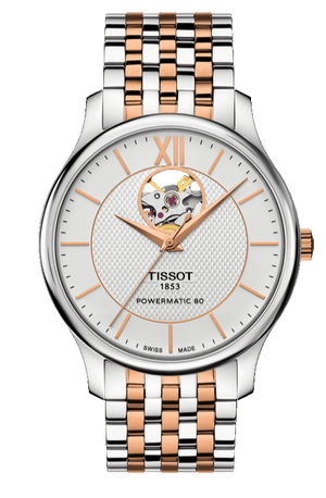 Tissot Tradition Powermatic 80 Open Heart Silver Dial Two Tone Steel Strap Watch For Men - T063.907.22.038.01 Authentic Buy Shop Now