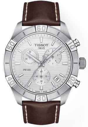 Tissot PR 100 Sport Quartz Chronograph Silver Dial Brown Leather Strap Watch For Men - T101.617.16.031.00 Authentic Buy Shop Now