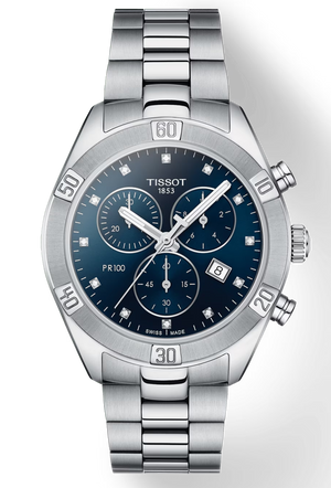 Tissot PR 100 Sport Chic Chronograph Diamonds Blue Dial Silver Steel Strap Watch for Women - T101.917.11.046.00 Authentic Buy Shop Now