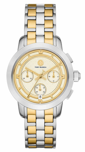 Tory Burch The Tory Chronograph White Dial Two Tone Steel Strap Watch for Women - TBW1052 Authentic Buy Shop Now