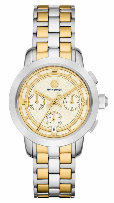 Tory Burch The Tory Chronograph White Dial Two Tone Steel Strap Watch for Women - TBW1052 Authentic Buy Shop Now