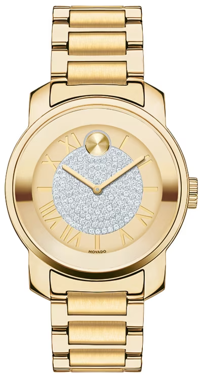 Movado Bold Pave Gold Dial Gold Steel Strap Watch For Women - 3600255 Authentic Buy Shop Now