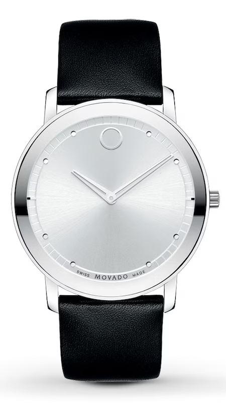 Movado Sapphire Silver Dial Black Leather Strap Watch for Men - 606694 Authentic Buy Shop Now