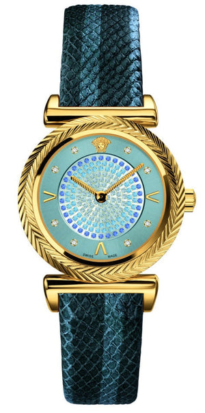 Versace V-Motif Vintage Logo Diamonds Blue Dial Blue Leather Strap Watch for Women - VERE01018 Authentic Buy Shop Now