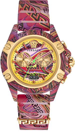 Versace Icon Active Chronograph Quartz Gold Dial Red Leather Strap Watch For Men - VEZ701222 Authentic Buy Shop Now