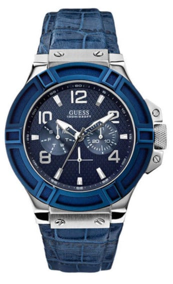 Guess Rigor Multifunction Chronograph Blue Dial Blue Leather Strap Watch For Men - W0040G7 Authentic Buy Shop Now