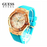 Guess Jet Setter White Dial Turquoise Silicone Strap Watch For Women - W0564L3 Authentic Buy Shop Now