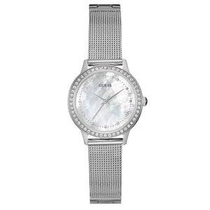 Guess Chelsea Mother of Pearl White Dial Silver Mesh Strap Watch For Women - W0647L1 Authentic Buy Shop Now