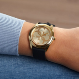Guess G Twist Gold Dial Black Leather Strap Watch for Women - W0911L3 Authentic Buy Shop Now