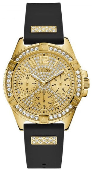 Guess Frontier Diamonds Gold Dial Black Rubber Strap Watch For Women - W1160L1 Authentic Buy Shop Now
