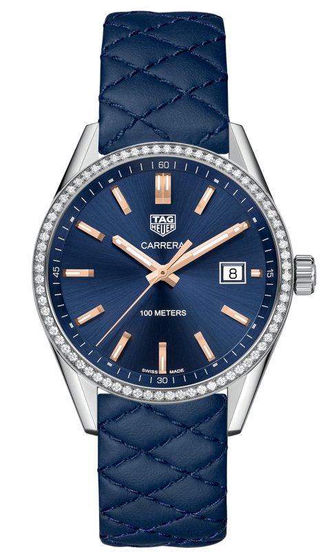 Tag Heuer Carrera Quartz Diamonds Blue Dial Blue Leather Strap Watch for Women - WAR1114.FC6391 Authentic Buy Shop Now