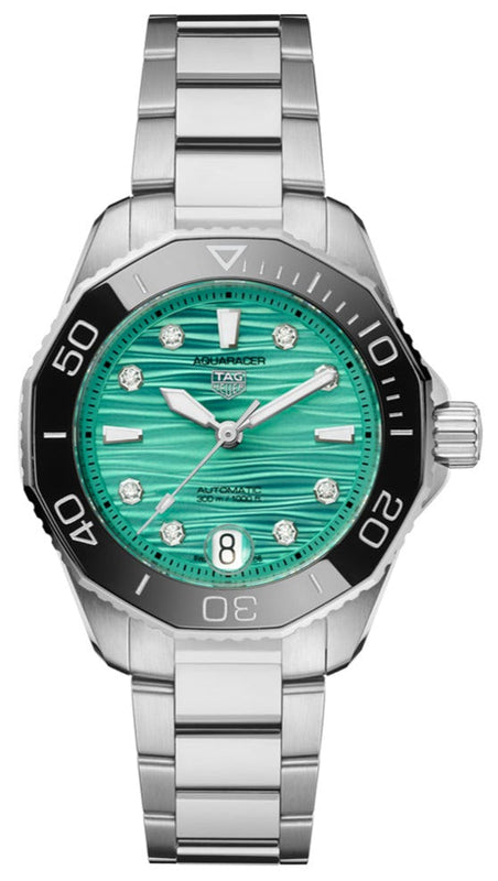 Tag Heuer Aquaracer Professional 300 Automatic Diamonds Green Dial Silver Steel Strap Watch for Women - WBP231K.BA0618 Authentic Buy Shop Now
