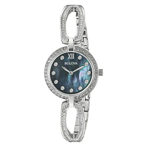 Bulova Crystal Black Mother of Pearl Dial Silver Steel Strap Watch for Women - 96L224 Authentic Buy Shop Now