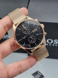 Hugo Boss Associate Black Dial Rose Gold Mesh Bracelet Watch for Men - 1513806 Authentic Buy Shop Now