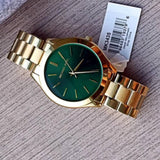 Michael Kors Slim Runway Green Dial Gold Steel Strap Watch for Women - MK3435 Authentic Buy Shop Now