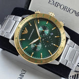 Emporio Armani Mario Chronograph Green Dial Silver Steel Strap Watch For Men - AR11454 Authentic Buy Shop Now