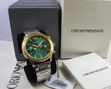 Emporio Armani Mario Chronograph Green Dial Silver Steel Strap Watch For Men - AR11454 Authentic Buy Shop Now