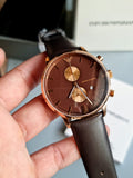 Emporio Armani Classic Chronograph Brown Dial Brown Leather Strap Watch For Men - AR0387 Authentic Buy Shop Now