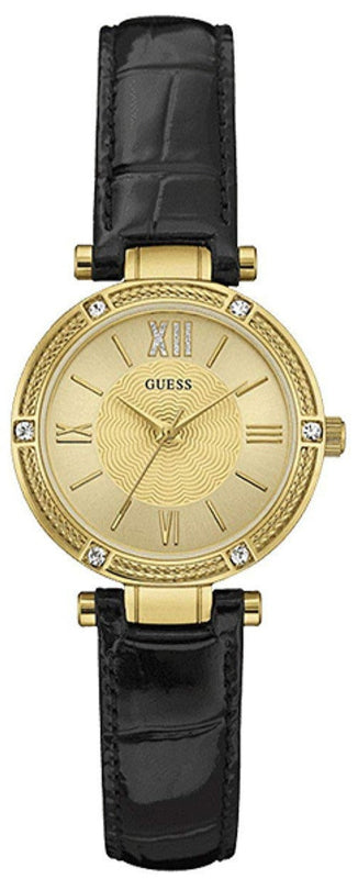 Guess Park Avenue Quartz Gold Dial Black Leather Strap Watch For Women - W0838L1 Authentic Buy Shop Now