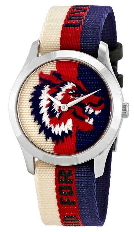 Gucci G Timeless Quartz White Red Blue Dial Multicolored NATO Strap Watch For Men - YA1264059 Authentic Buy Shop Now