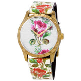 Gucci G Timeless Floral Gold Dial White Leather Strap Watch For Women - YA1264084 Authentic Buy Shop Now