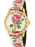 Gucci G Timeless Floral Gold Dial White Leather Strap Watch For Women - YA1264084 Authentic Buy Shop Now