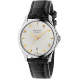 Gucci G Timeless Automatic Silver Dial Black Leather Strap Unisex Watch - YA126468 Authentic Buy Shop Now