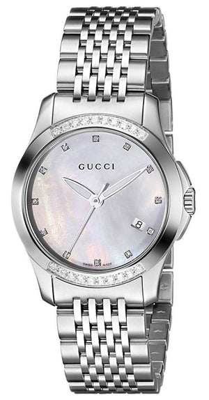 Gucci G Timeless Diamonds Mother of Pearl Dial Silver Steel Strap Watch For Women - YA126510 Authentic Buy Shop Now