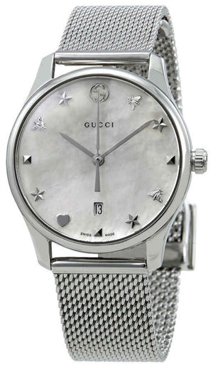 Gucci G-Timeless Mother of Pearl Dial Silver Mesh Bracelet Watch For Women - YA126583 Authentic Buy Shop Now