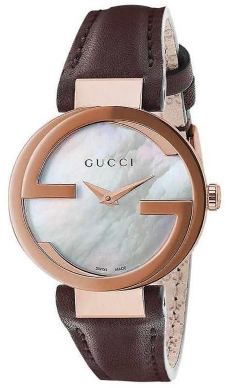 Gucci G Interlocking Mother of Pearl Dial Brown Leather Strap Watch For Women - YA133516 Authentic Buy Shop Now