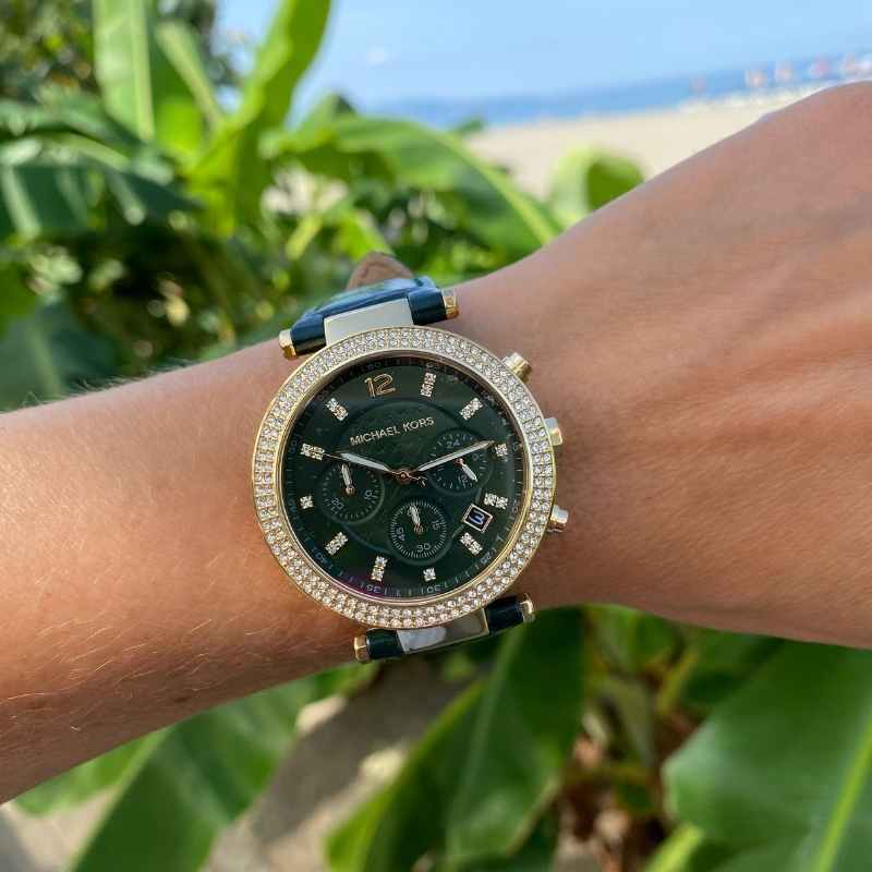 Michael Kors Parker Chronograph Green Dial Green Leather Strap Watch For Women - MK6985 Authentic Buy Shop Now