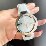 Gucci Interlocking 18K Gold Silver Dial White Leather Strap Watch For Women - YA133303 Authentic Buy Shop Now