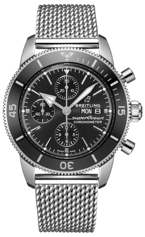 Breitling Superocean Heritage Chronograph 44 Black Dial Silver Mesh Bracelet Watch for Men - A13313121B1A1 Authentic Buy Shop Now