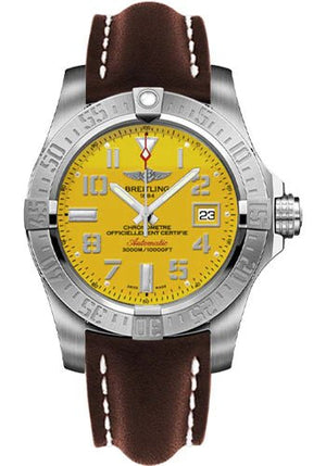 Breitling Avenger II Seawolf Yellow Dial Maroon Leather Strap 45mm Mens Watch - A1733110/I519/438X Authentic Buy Shop Now