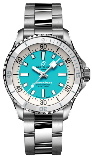 Breitling Superocean Automatic 36 Turquoise Dial Silver Steel Strap Watch for Men - A17377211C1A1 Authentic Buy Shop Now