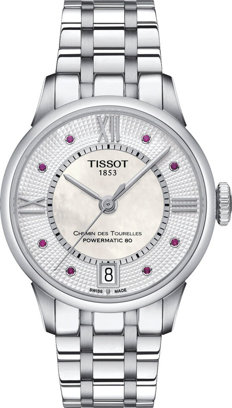 Tissot Chemin Des Tourelles Powermatic 80 Rubies Mother of Pearl Dial Silver Steel Strap Watch For Women - T099.207.11.113.00 Authentic Buy Shop Now