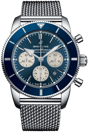 Breitling Superocean Heritage B01 Chronograph 44 Blue Dial Silver Mesh Bracelet Watch for Men - AB0162161C1A1 Authentic Buy Shop Now