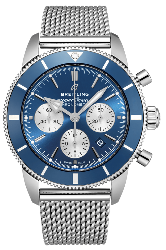 Breitling Superocean Heritage B01 Chronograph 44 Blue Dial Silver Mesh Bracelet Watch for Men - AB0162161C1A1 Authentic Buy Shop Now