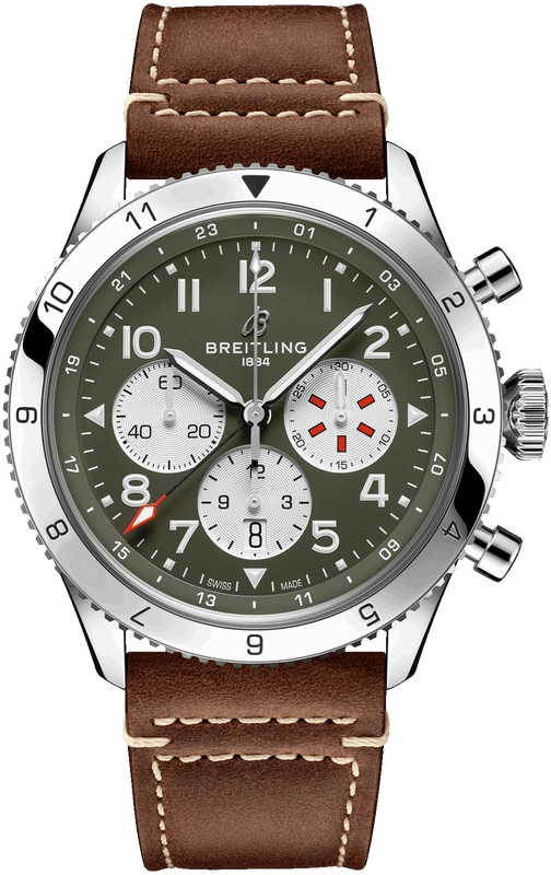 Breitling Super Avi B04 Chronograph GMT 46 Curtiss Warhawk Green Dial Brown Leather Strap Watch for Men - AB04452A1L1X1 Authentic Buy Shop Now