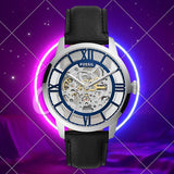 Fossil Townsman Automatic Skeleton Blue Dial Black Leather Strap Watch for Men - ME3200 Authentic Buy Shop Now