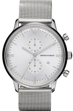 Emporio Armani Classic Chronograph Quartz Silver Dial Silver Mesh Bracelet Watch For Men - AR0390 Authentic Buy Shop Now